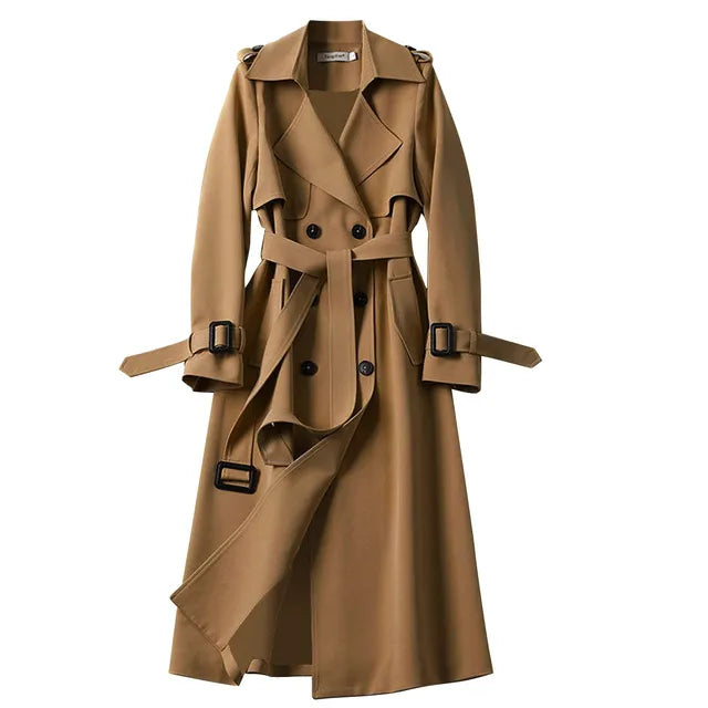 Long Trench Coat Women – Lace-Up Button Coats with Full Sleeves, Turn-Down Collar, Solid Pockets, Office Lady Streetwear