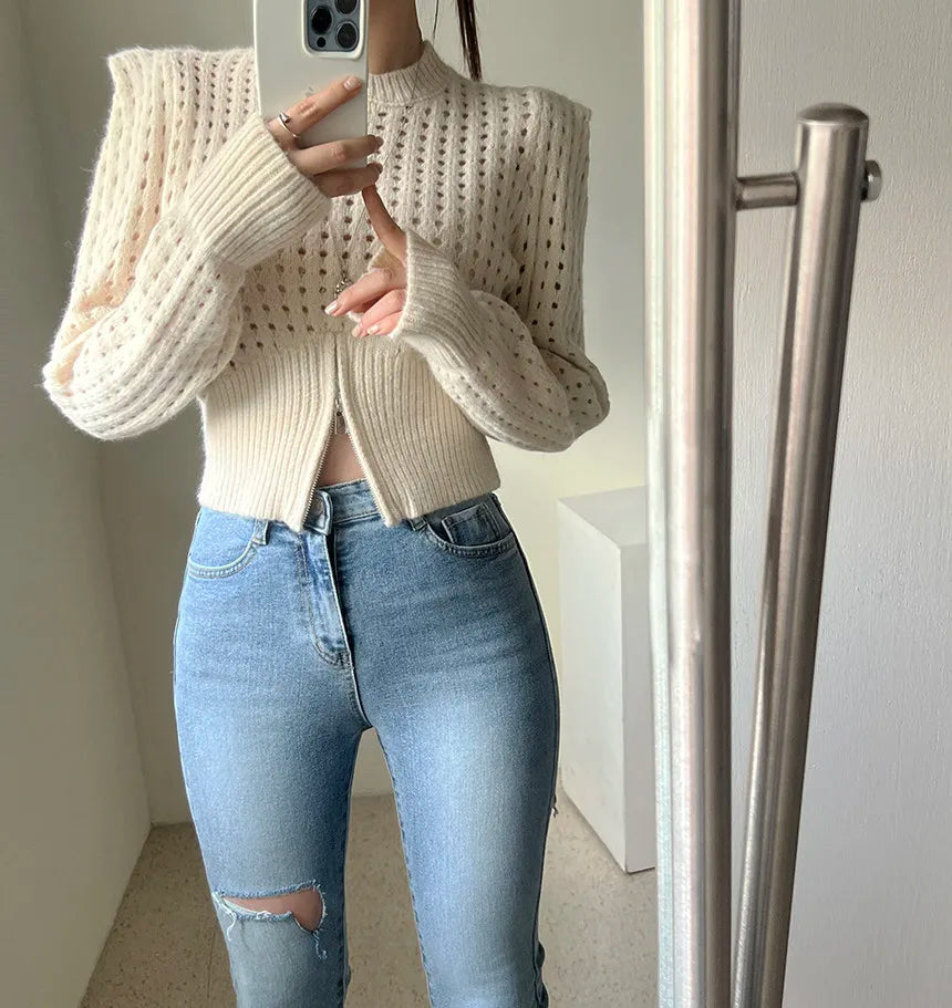 Designer Knitted Cropped Top – Women’s Zippered Idle Style, Thin Cover Up, High-Waisted Side Slit, Spicy Girl Early Spring Top