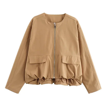 Loose Solid O-Neck Zip Up Women Jacket