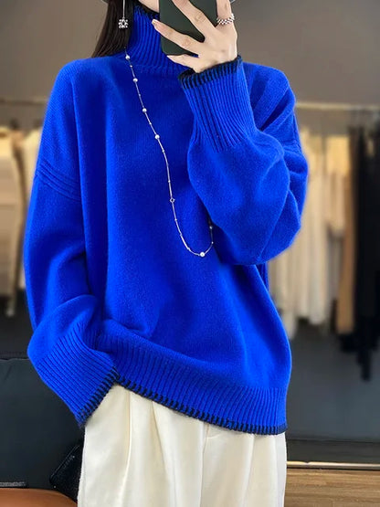 100% Pure Wool Cashmere Sweater for Women – 2025 Autumn/Winter Turtleneck Pullover, Loose Fit, Large Size, High Neck Knit Top