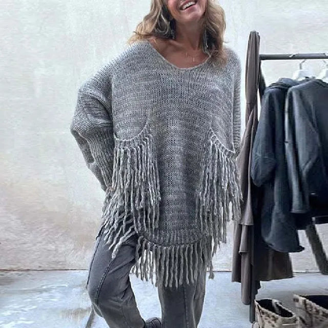 2025 Spring Women’s Knitting Sweater – V-Neck Tassel Loose Thick Warm Sweater, Trendy Casual Elegant Ladies Clothes