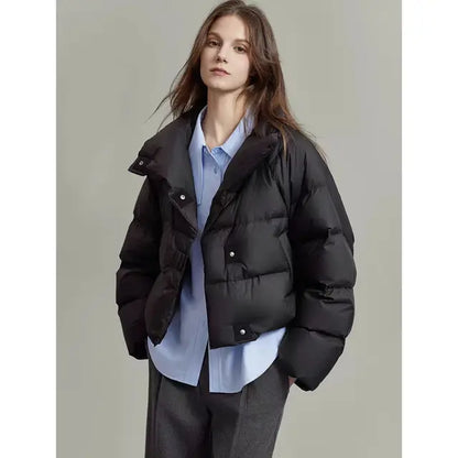 Chic Cropped Winter Short Puffer Jacket for Women – Cotton-Padded, Warm Stand-Up Collar Bread Coat