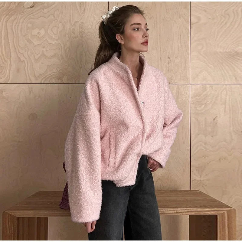 Pink Fur Jacket for Women – Oversized Stand Collar, Long Sleeve, Single Breasted Pocket Coats, Autumn Fashion Lady Overcoat