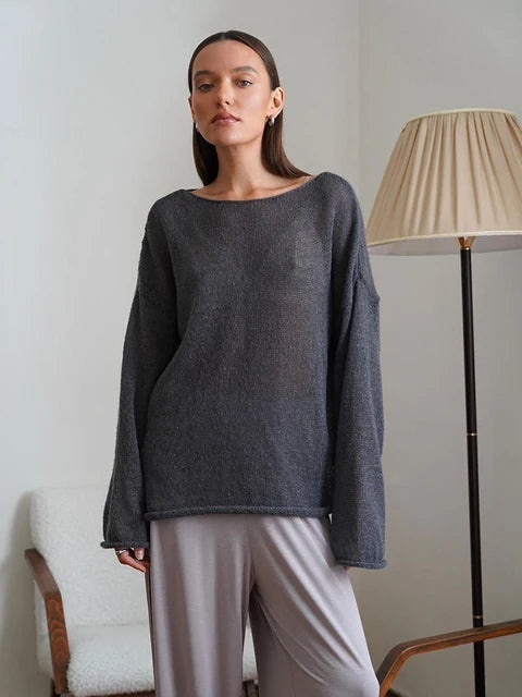 Thin Flare Sleeve Transparent O-Neck Sweaters