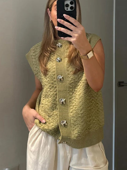 2025 Women’s Casual Knitted Vest Sweater – Single-Breasted Sleeveless O-Neck Cardigan for Autumn Fashion