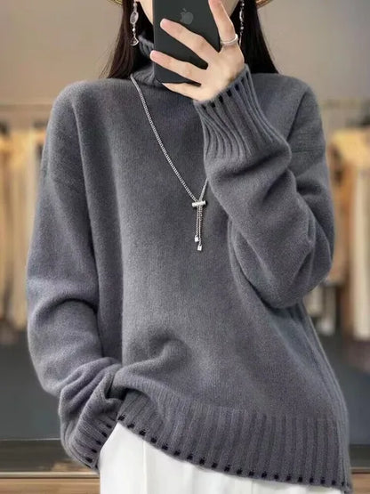 100% Pure Wool Cashmere Sweater for Women – 2025 Autumn/Winter Turtleneck Pullover, Loose Fit, Large Size, High Neck Knit Top