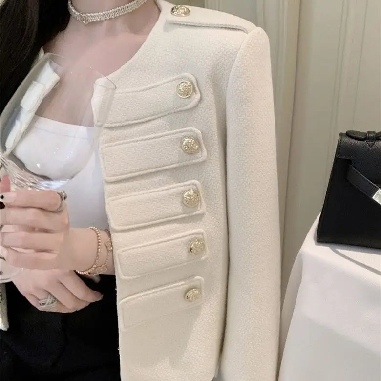 2025 Spring & Autumn Women's Short Solid Color Coats – O-Neck, Button Detail, Long Sleeve, Loose Fit Jackets for Ladies