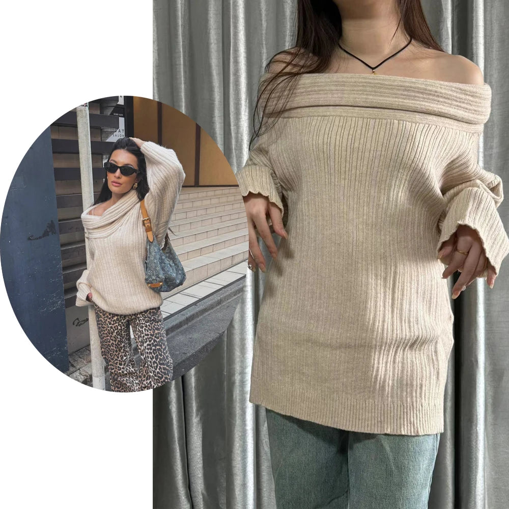 Lazy Style One-Shoulder Knitted Sweater for Women – Long Sleeve Overhead Top, Autumn/Winter Fashion, Cotton Blend