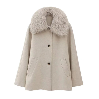 Elegant Furry Hooded Beige Coat