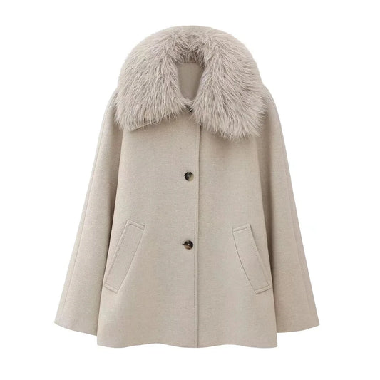 Elegant Furry Hooded Beige Coat