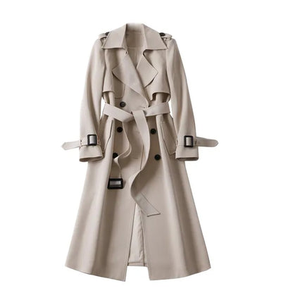 Long Trench Coat Women – Lace-Up Button Coats with Full Sleeves, Turn-Down Collar, Solid Pockets, Office Lady Streetwear