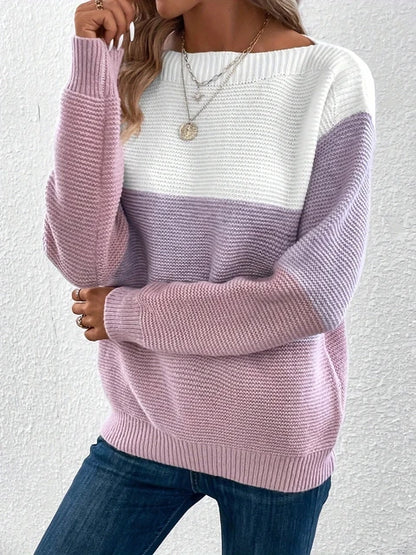 Loose Knitted Crew Neck Patchwork Top – Cross-Border Popular Autumn/Winter Women’s Fashion Sweatshirt