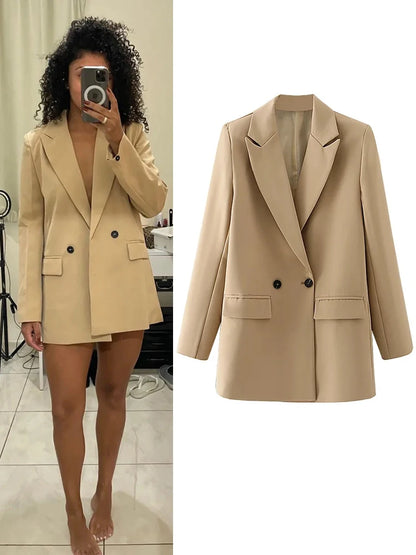 Women’s Vintage Double-Breasted Blazer – Chic Office Lady Notched Collar Coat, Long Sleeve Fashion Outerwear