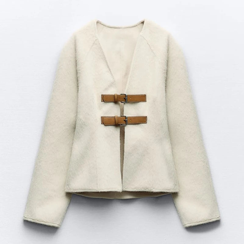 2025 Vintage White Woolen Jacket for Women – Elegant Single Breasted Coat with Leather Buckle, Long Sleeve Spring Outerwear