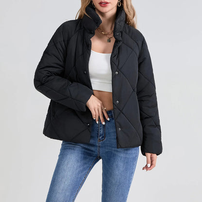 2025 New Fashion Women's Winter Puffer Coat – Solid Color Quilted Stand Collar Jacket with Long Sleeves