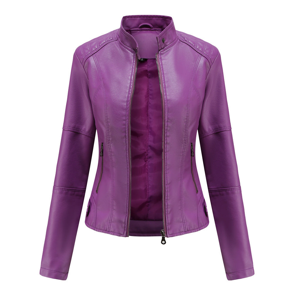 Bomber PU Leather Jacket for Women – European American Casual Outerwear with Stand Collar