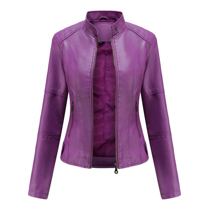 Bomber PU Leather Jacket for Women – European American Casual Outerwear with Stand Collar