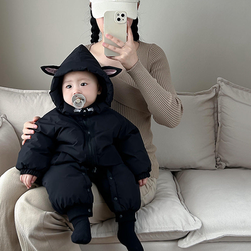 Thick Hooded Baby Jumpsuit – Cozy Polyester Fiber for All Seasons