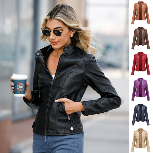 Bomber PU Leather Jacket for Women – European American Casual Outerwear with Stand Collar