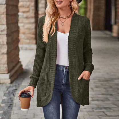 Women's Loose Knit Cardigan – Open Front, Long Sleeve, Cozy Crochet Sweater with Pockets