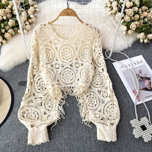 Women O-neck Lantern Sleeve Tassel Crochet Sweaters