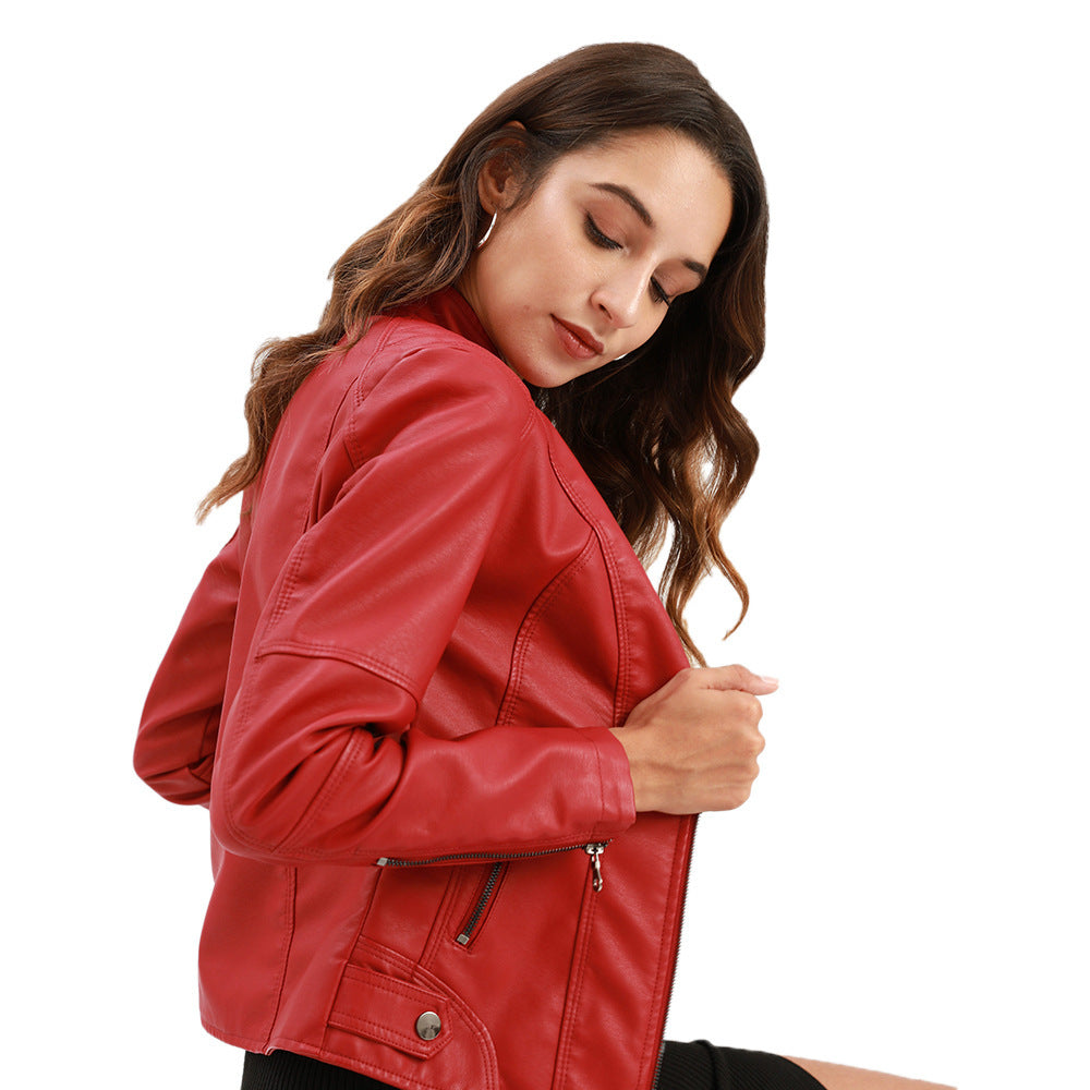 Bomber PU Leather Jacket for Women – European American Casual Outerwear with Stand Collar