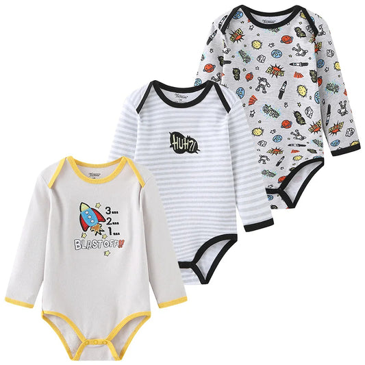 3PCS Baby Unisex Cotton Printed Long Sleeve Bodysuits