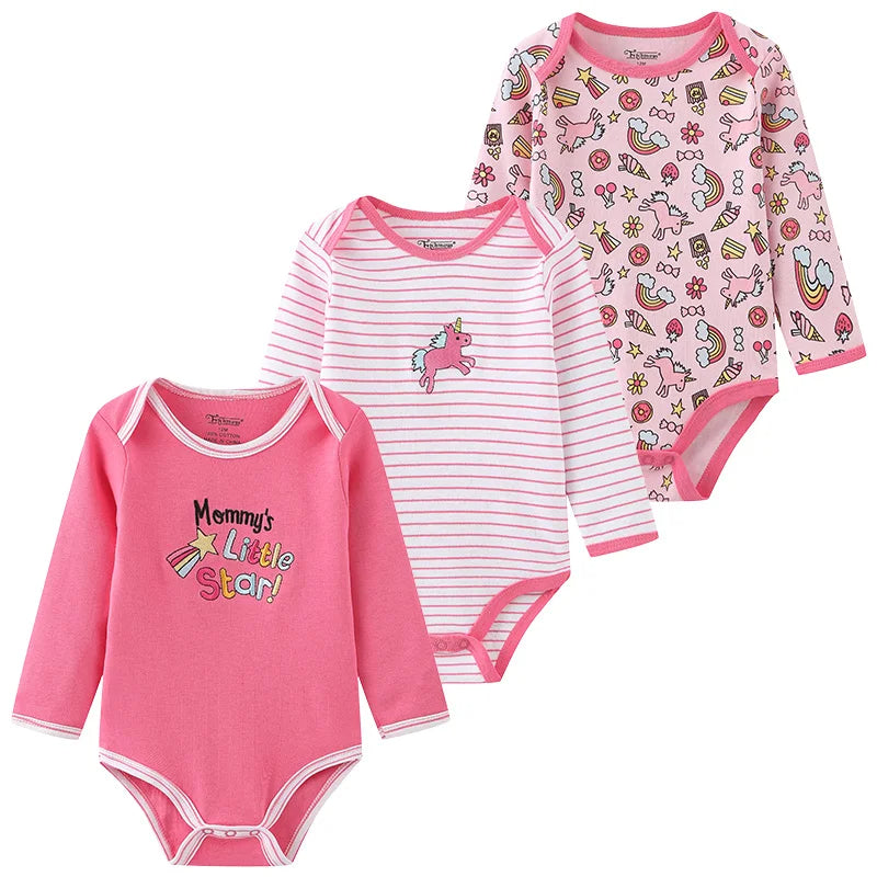 3PCS Baby Unisex Cotton Printed Long Sleeve Bodysuits
