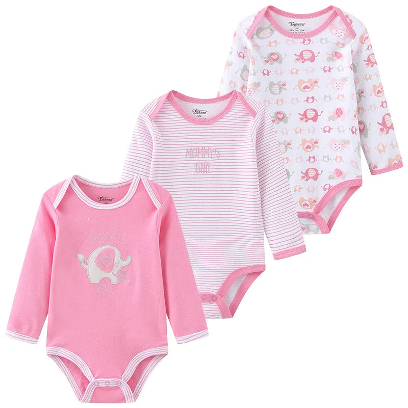 3PCS Baby Unisex Cotton Printed Long Sleeve Bodysuits