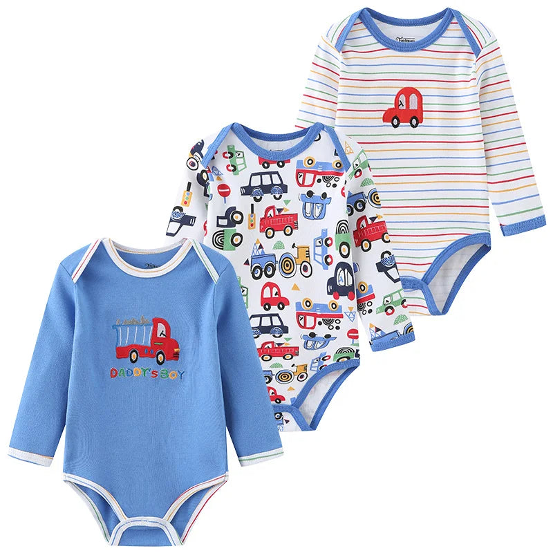 3PCS Baby Unisex Cotton Printed Long Sleeve Bodysuits