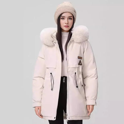 Women's Winter Parka Coat - Fur Collar, Hooded, Quilted & Wool Liner, Slim Fit, Lace-Up, 2025 Fashion