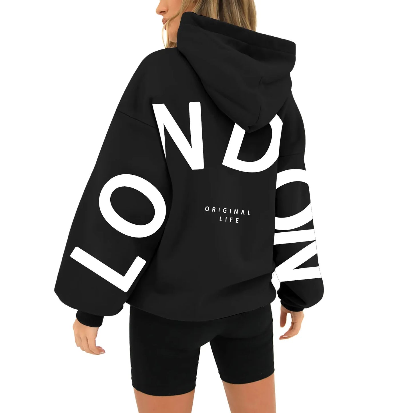 Women's Oversized Hooded Pullover – London Letter Print, Zip-Free, Casual Sweatshirt for Autumn & Winter