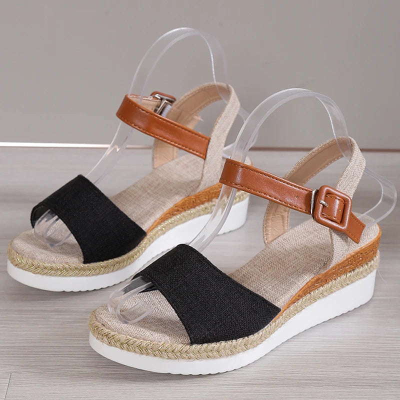 Women's Peep Toe Wedge Sandals – 2025 Summer Low Platform Shoes | Non-Slip Hemp Heeled Sandalias Mujer