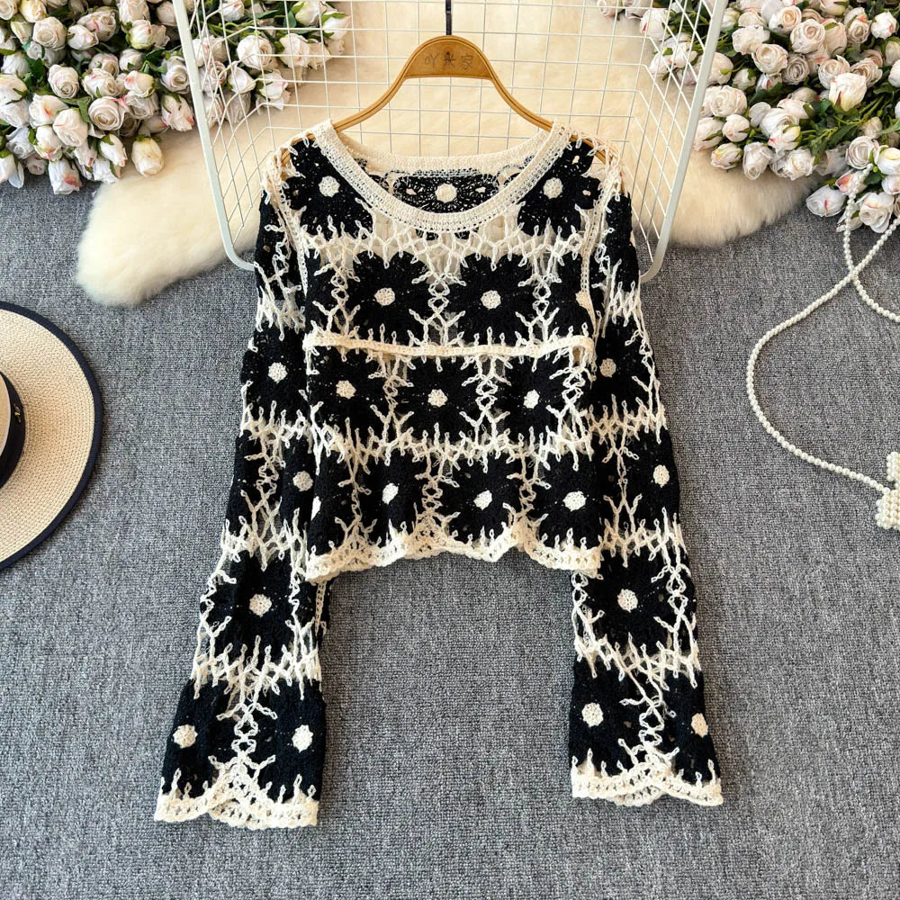 Sheer Open-Knit Crop Crochet Sweater