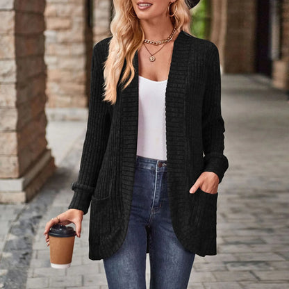 Women's Loose Knit Cardigan – Open Front, Long Sleeve, Cozy Crochet Sweater with Pockets