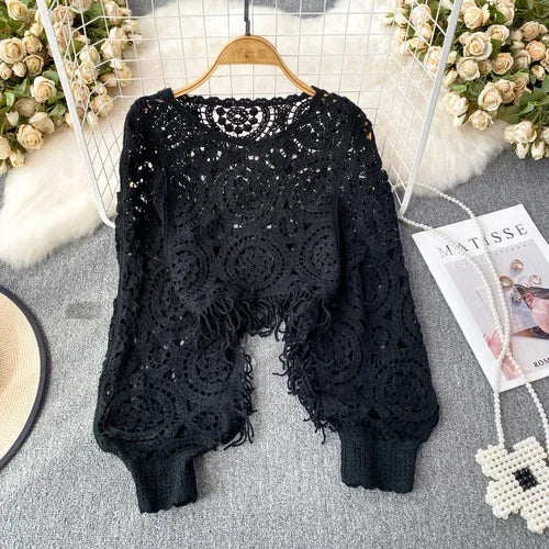 Bohemian Sweater for Women – O-Neck Lantern Sleeve Tassel Crochet Knit Top, Casual Hollow Out Sweater