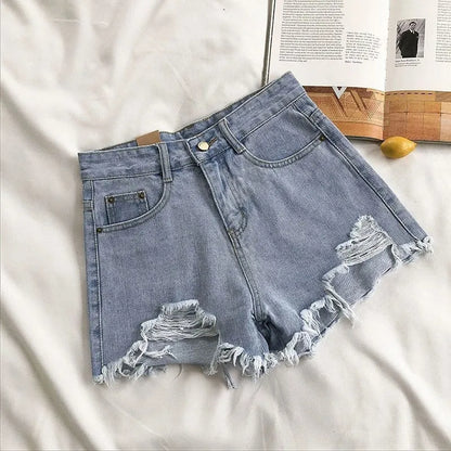 Korean High Waist Denim Shorts – Ripped Wide Leg Jean Shorts for Women