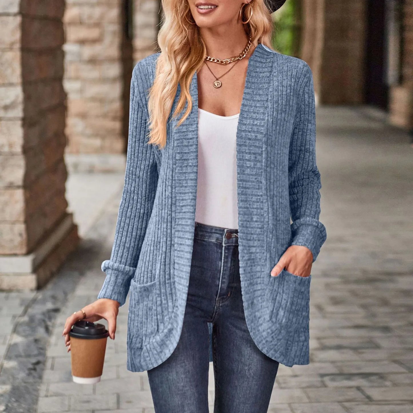 Women's Loose Knit Cardigan – Open Front, Long Sleeve, Cozy Crochet Sweater with Pockets