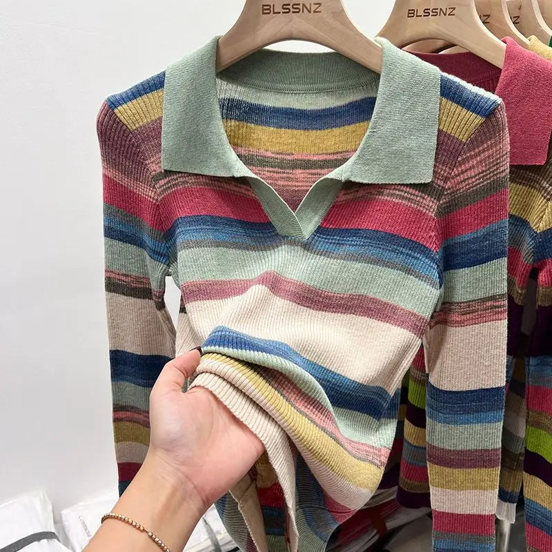 Women's Striped Polo Neck Shirt – Chic Long Sleeve Knit Top | Elegant Summer 2025 Cotton T-Shirt