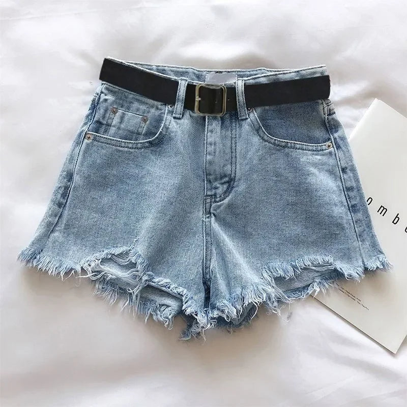 Women’s Casual High Street Denim Shorts with Belt – High Waist A-line Jean Shorts, Pocket Design, Versatile Ripped Trousers, Summer Streetwear