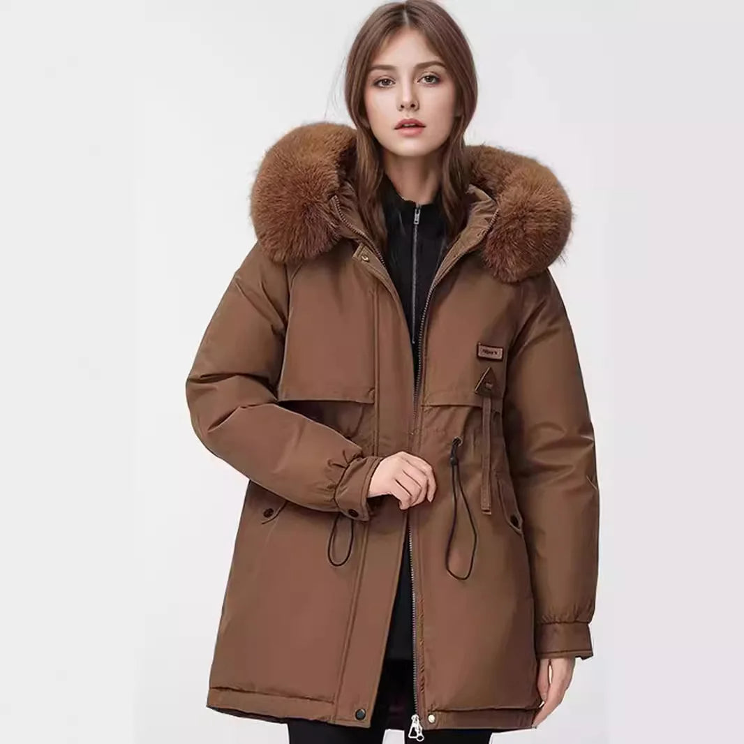 Women's Winter Parka Coat - Fur Collar, Hooded, Quilted & Wool Liner, Slim Fit, Lace-Up, 2025 Fashion