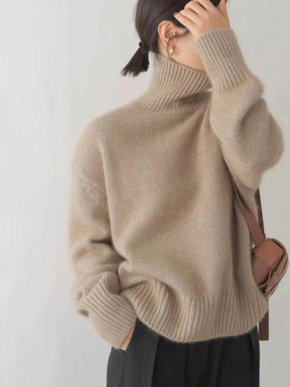 2025 Autumn Winter Women's Sweater – 100% Pure Merino Wool, High Lapel Pullover, Casual Loose Fit, Thick & Warm Knitted Fashion Top