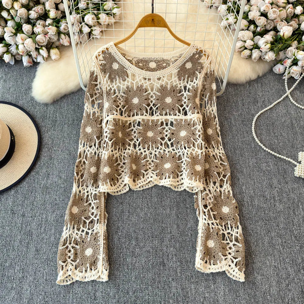 Sheer Open-Knit Crop Crochet Sweater