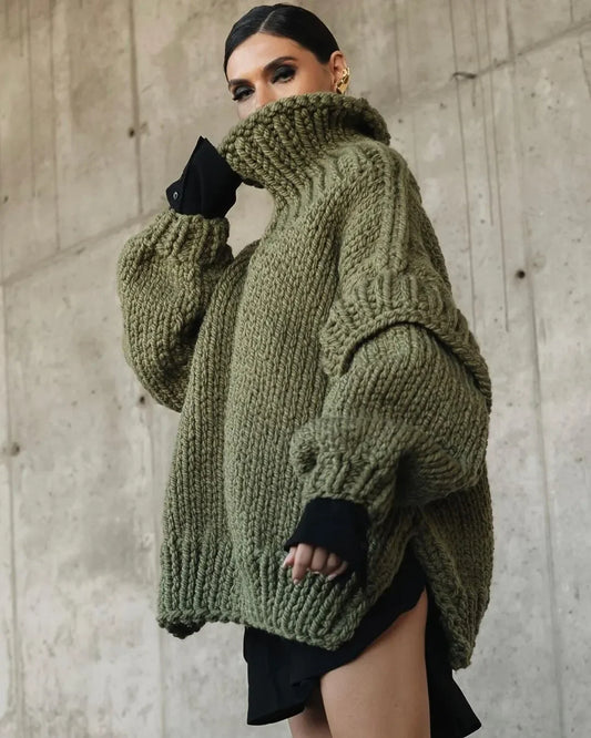 Solid Knit Turtleneck Sweater for Women – Double Lantern Sleeve Oversized Pullover, Thick Warm Loose Top, Fall Winter 2025 Chic Knitwear