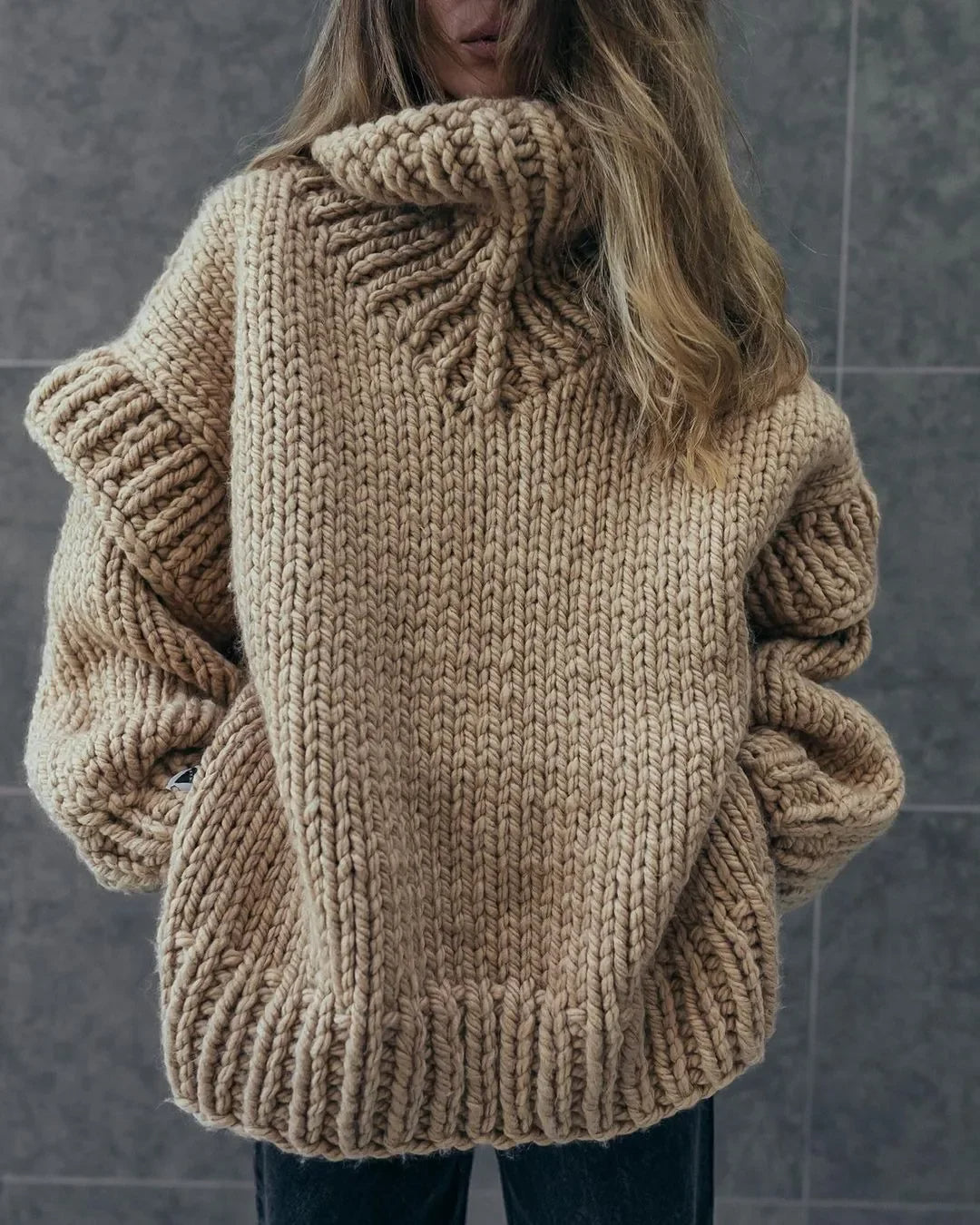 Solid Knit Turtleneck Sweater for Women – Double Lantern Sleeve Oversized Pullover, Thick Warm Loose Top, Fall Winter 2025 Chic Knitwear