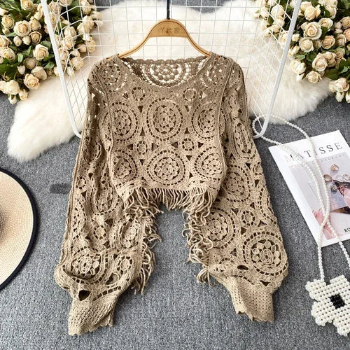 Women O-neck Lantern Sleeve Tassel Crochet Sweaters