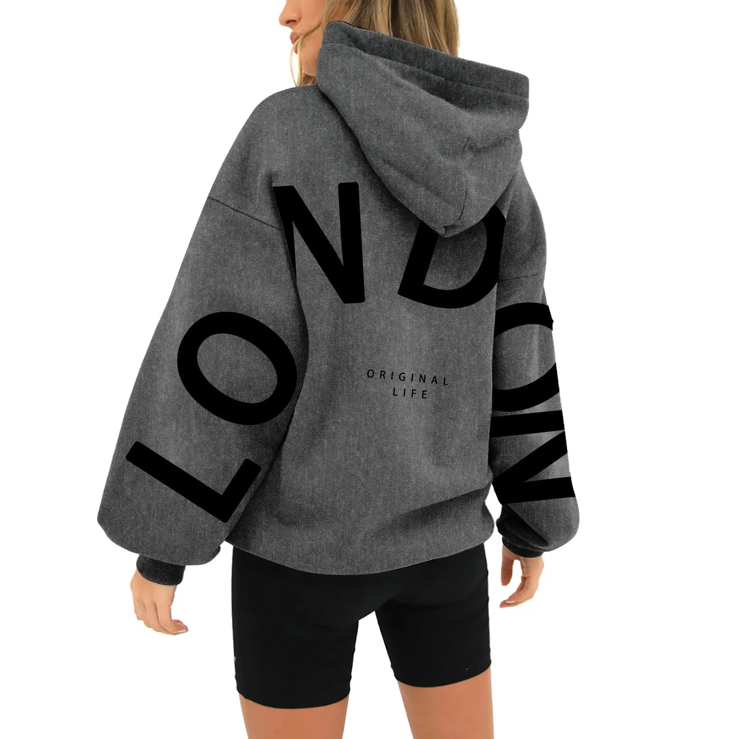 Women's Oversized Hooded Pullover – London Letter Print, Zip-Free, Casual Sweatshirt for Autumn & Winter