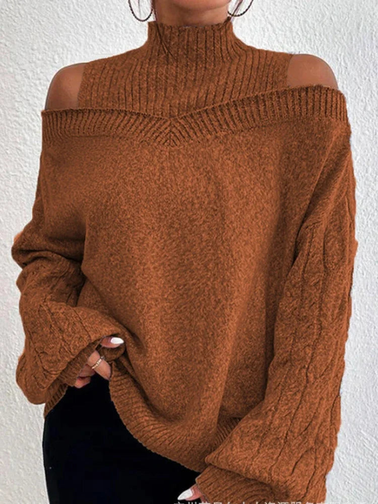 Off Shoulder Elegant High Neck Knitted Sweaters