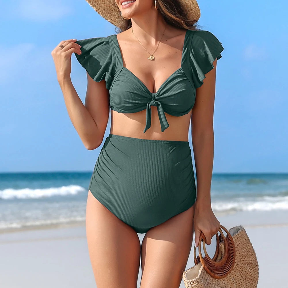 Women’s Maternity Bikini Set – Solid Ruffled Backless High Waist Pregnancy Swimwear