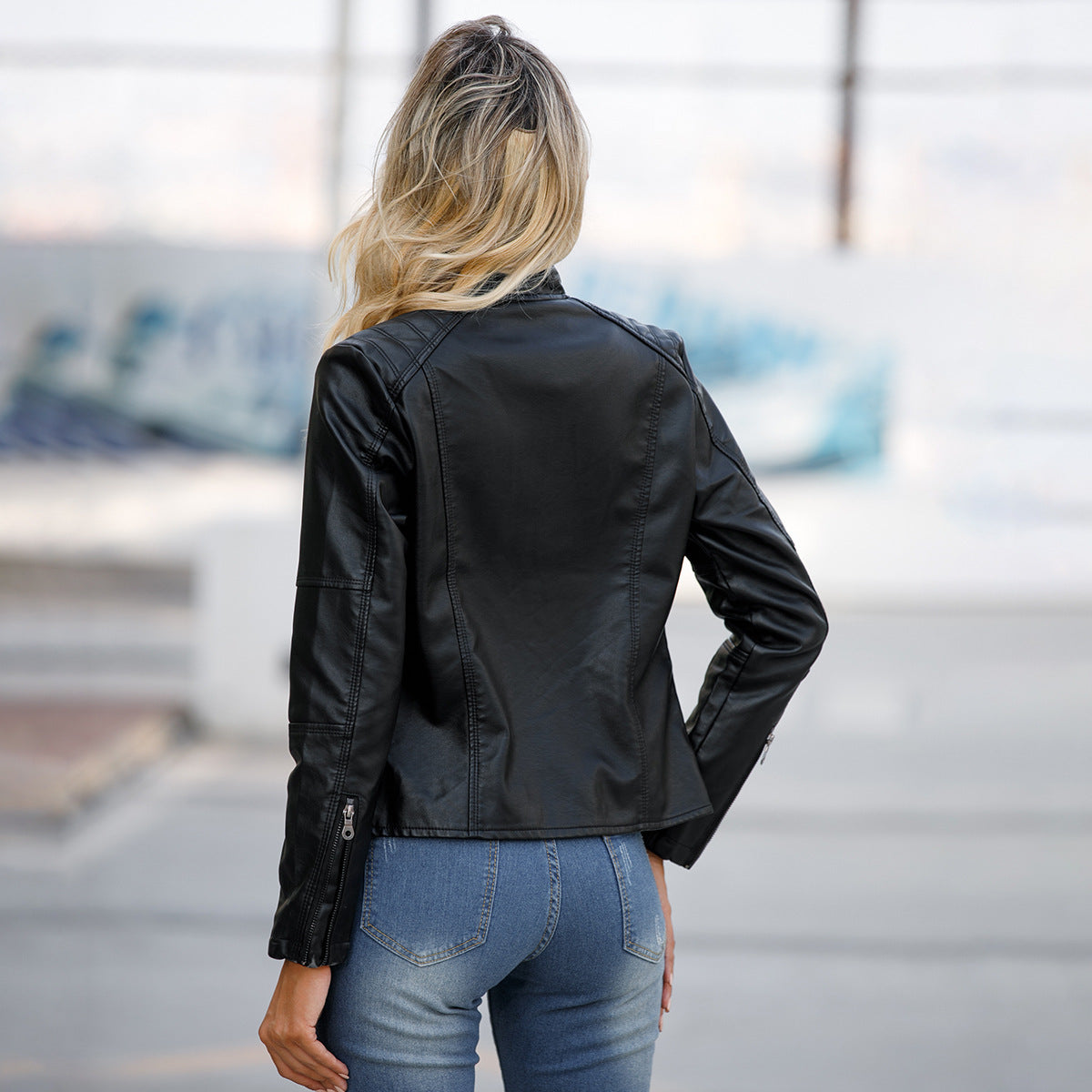 Bomber PU Leather Jacket for Women – European American Casual Outerwear with Stand Collar
